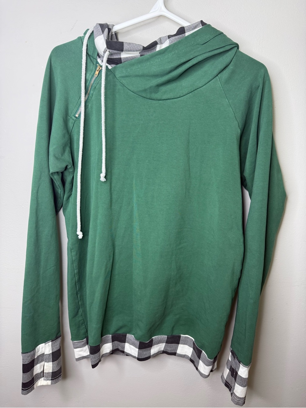 Daisy Mae Green Hoodie with side zipper & Plaid Trim, built in cowl w drawstring